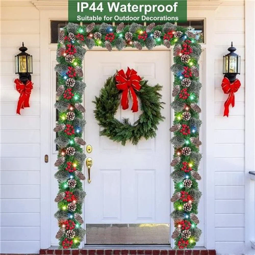 9Ft 100 Colorful Lights Prelit Christmas Garland Timer 8 Modes Battery Operated